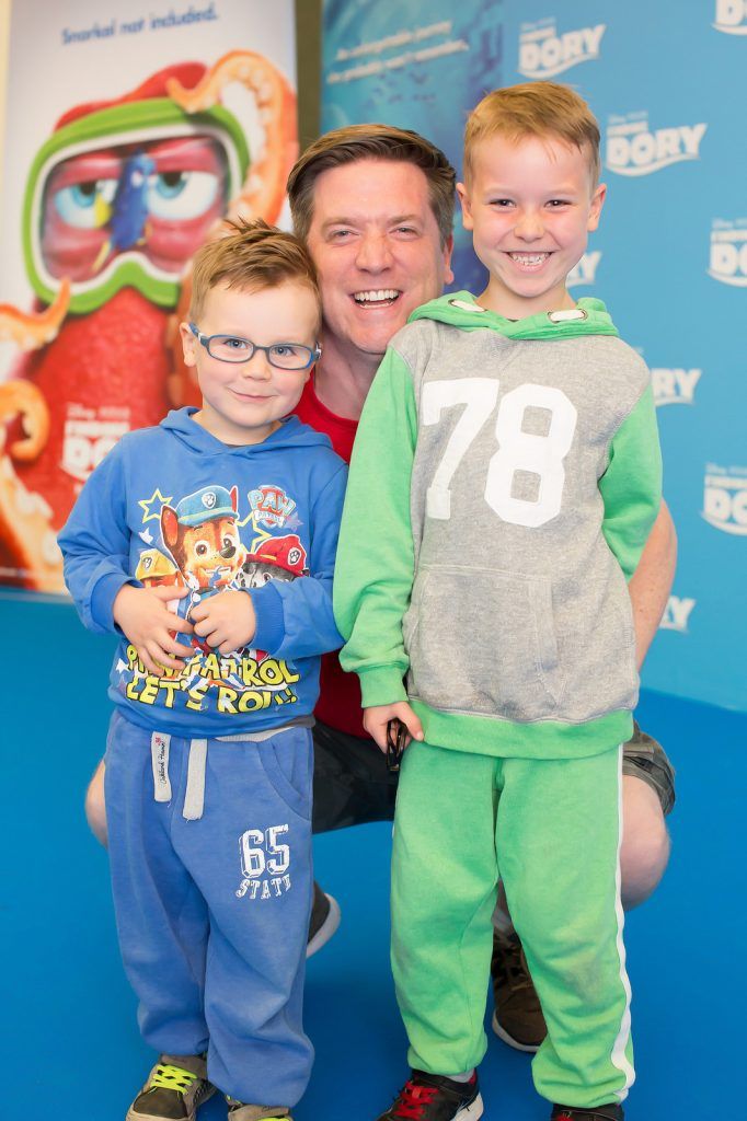 Dave Moore with sons Sam &  Andrew pictured at the Irish Gala Screening of Disney Pixar's ' Finding Dory' at the Odeon Point Village. Photo: Anthony Woods.