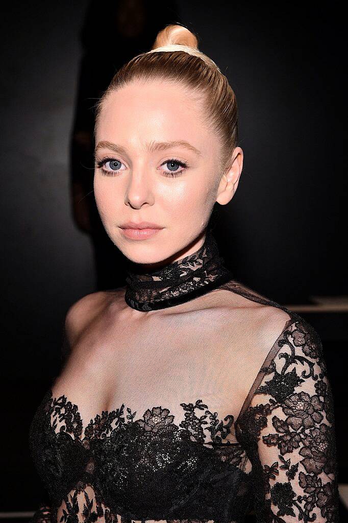 Actress Portia Doubleday poses backstage at the Reem Acra Fall 2016 fashion show during New York Fashion Week: The Shows at The Dock, Skylight at Moynihan Station on February 15, 2016 in New York City.  (Photo by Bryan Bedder/Getty Images for NYFW: The Shows)