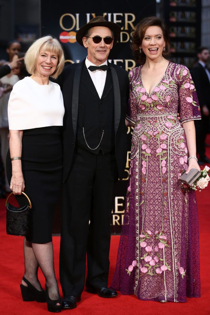 British actor Mark Rylance (C) poses with his wife British director Claire van Kampen (L) and British actress and producer Juliet Rylance (R) upon arrival to attend the 2016  Laurence Olivier Awards in London on April 3, 2016. / AFP / JUSTIN TALLIS        (Photo credit should read JUSTIN TALLIS/AFP/Getty Images)