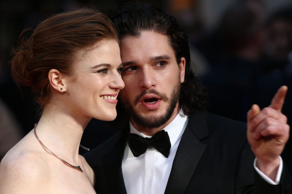 British actor Kit Harington (R) and British actress Rose Leslie (L) pose on the red carpet upon arrival to attend the 2016  Laurence Olivier Awards in London on April 3, 2016. / AFP / JUSTIN TALLIS        (Photo credit should read JUSTIN TALLIS/AFP/Getty Images)