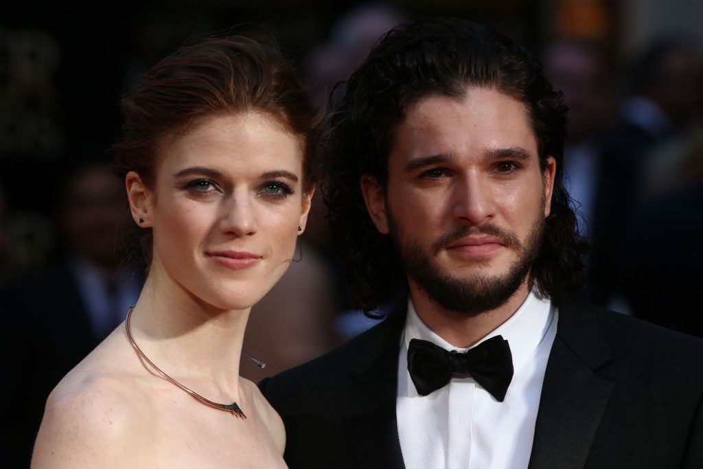 British actor Kit Harington (R) and British actress Rose Leslie (L) pose on the red carpet upon arrival to attend the 2016  Laurence Olivier Awards in London on April 3, 2016. / AFP / JUSTIN TALLIS        (Photo credit should read JUSTIN TALLIS/AFP/Getty Images)