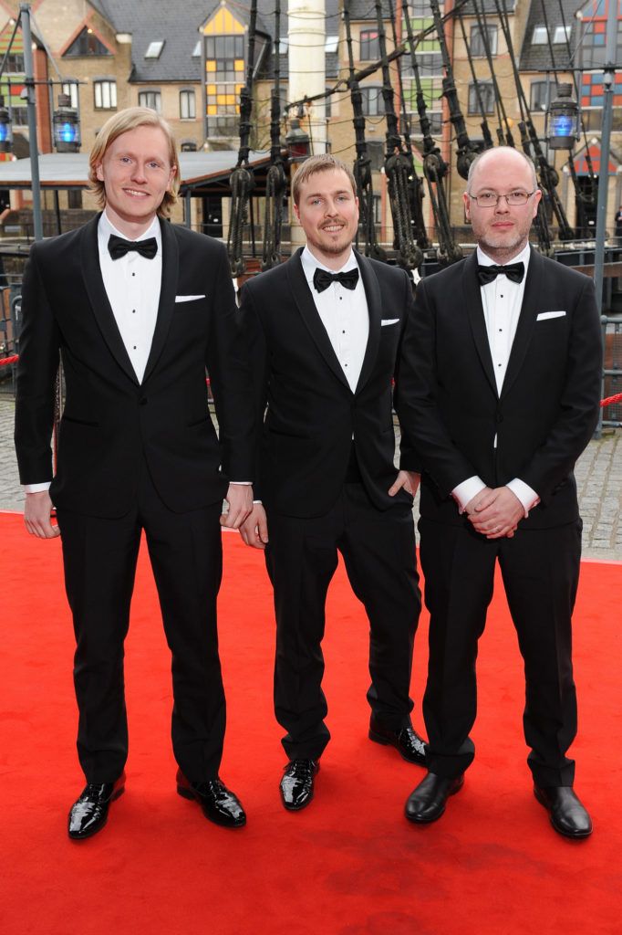 LONDON, ENGLAND - APRIL 07:  (L-R) Gustav Rathsman, David Jegutidse and Ben Mito arrive for The British Academy Games Awards 2016  at Tobacco Dock on April 7, 2016 in London, England.  (Photo by Jeff Spicer/Getty Images)