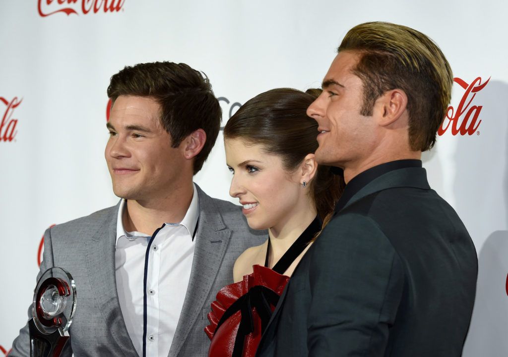 LAS VEGAS, NV - APRIL 14:  (L-R) Actor Zac Efron, actor/comedian Adam DeVine, and actress Anna Kendrick recipients of the Comedy Stars of the Year Award, attend the CinemaCon Big Screen Achievement Awards brought to you by the Coca-Cola Company at Omnia Nightclub at Caesars Palace during CinemaCon, the official convention of the National Association of Theatre Owners, on April 14, 2016 in Las Vegas, Nevada.  (Photo by Ethan Miller/Getty Images )