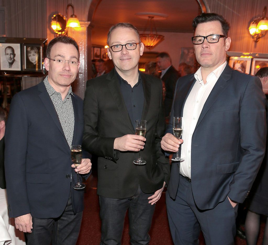 Eugene Downes ,Loughlin Deegan and Lorcan Cranitch at The Lir Academy's fundraising night for The Lir’s Bursary fund at The Trocadero  Restaurant ,Dublin.Picture Brian McEvoy.