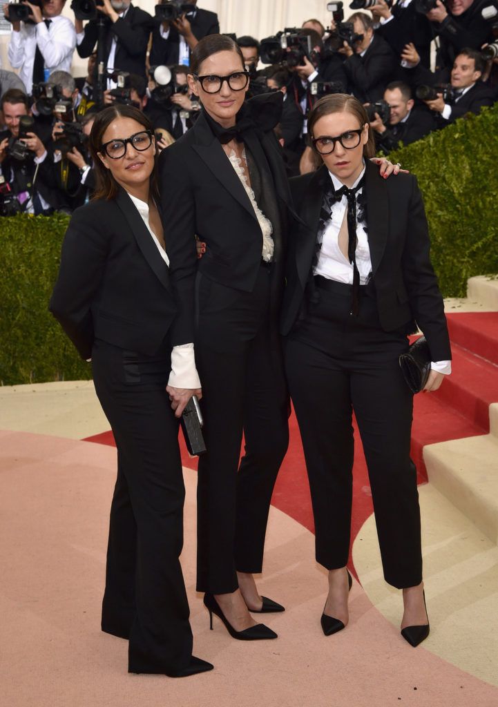 NEW YORK, NY - MAY 02:  (L-R) Jennifer Konner, Jenna Lyons, and Lena Dunham attend the "Manus x Machina: Fashion In An Age Of Technology" Costume Institute Gala at Metropolitan Museum of Art on May 2, 2016 in New York City.  (Photo by Dimitrios Kambouris/Getty Images)