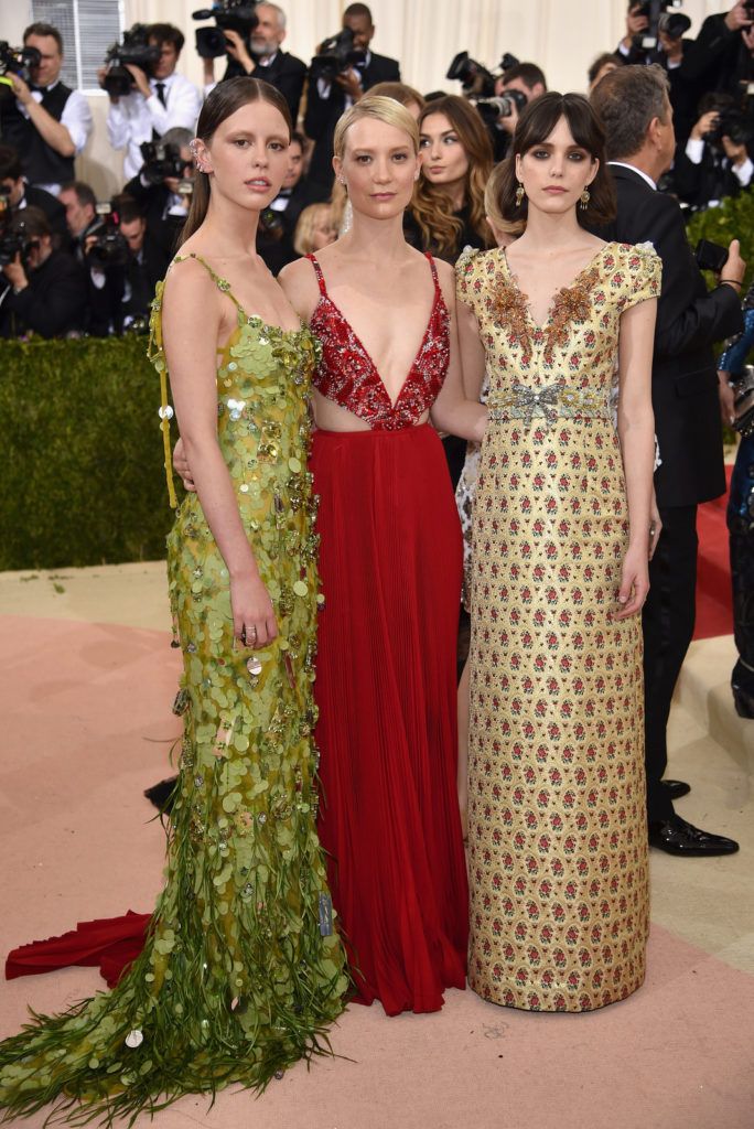 NEW YORK, NY - MAY 02: Mia Goth, Mia Wasikowska, and Stacy Martin attend the "Manus x Machina: Fashion In An Age Of Technology" Costume Institute Gala at Metropolitan Museum of Art on May 2, 2016 in New York City.  (Photo by Dimitrios Kambouris/Getty Images)