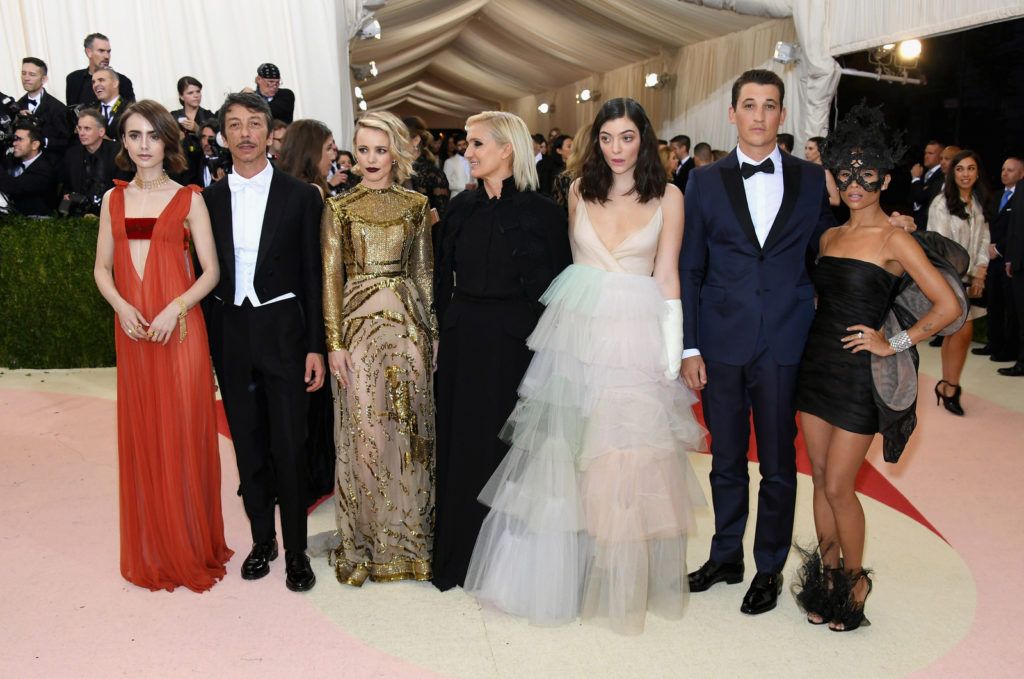 NEW YORK, NY - MAY 02:  (L-R) Lily Collins, Pierpaolo Piccioli, Rachel McAdams, Maria Grazia Chiuri, Lorde, Miles Teller, and Zoe Kravitz attend the "Manus x Machina: Fashion In An Age Of Technology" Costume Institute Gala at Metropolitan Museum of Art on May 2, 2016 in New York City.  (Photo by Larry Busacca/Getty Images)