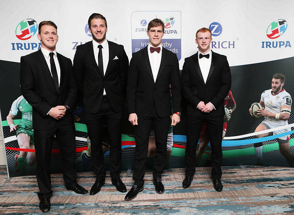 Andrew Trimble, Stuart McCloskey, Craig Gilroy and Peter Nelson at the Zurich IRUPA  of the Year 2016 the 14th annual Awards ceremony  took place in the  Doubletree by Hilton on Burlington Road. Photo: Leon Farrell/Photocall Ireland