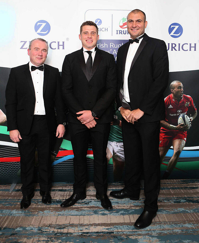 Conor Brennan, CJ Stander and Omar(IRUPA) at the Zurich IRUPA  of the Year 2016 the 14th annual Awards ceremony  took place in the  Doubletree by Hilton on Burlington Road. Photo: Leon Farrell/Photocall Ireland.