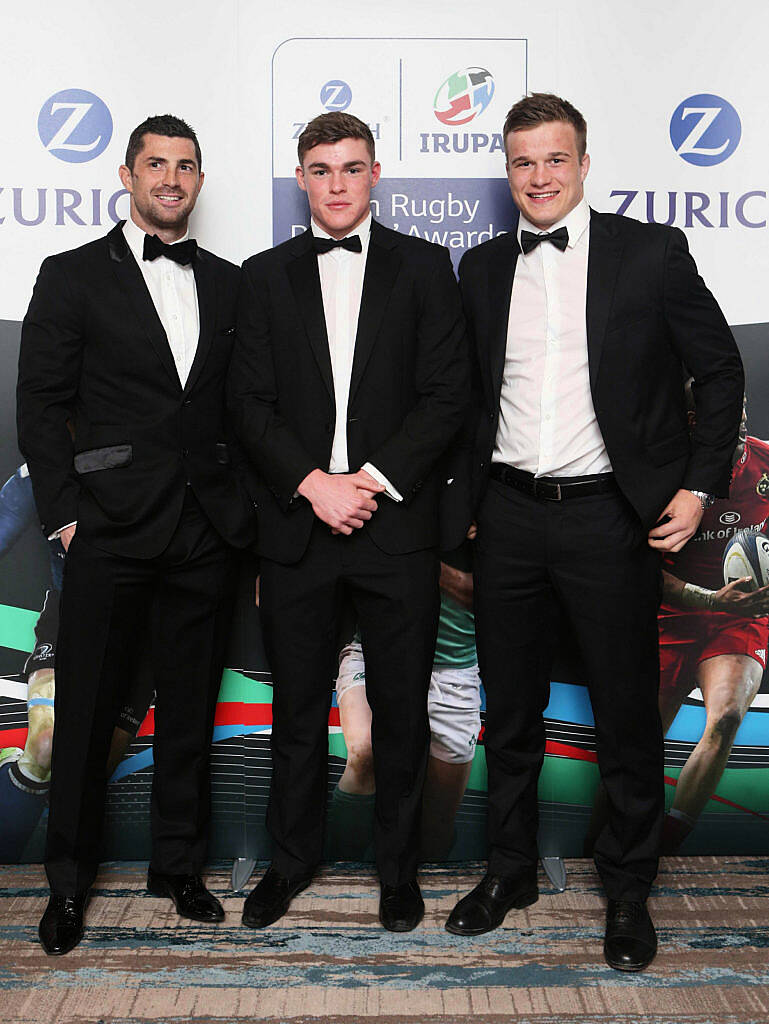 Rob Kearney ,Garry Ringrose and Josh van der Flier at the Zurich IRUPA  of the Year 2016 the 14th annual Awards ceremony  took place in the  Doubletree by Hilton on Burlington Road. Photo: Leon Farrell/Photocall Ireland.