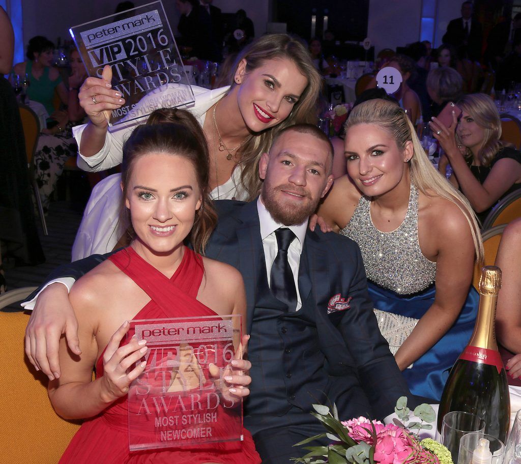 Conor McGregor and partner Dee Devlin with Vogue Williams and Louise O Reilly at The Peter Mark Vip Style Awards at The Marker Hotel in Dublin..Picture:Brian McEvoy 