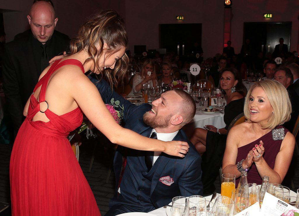 Conor McGregor congratulates his partner Dee Devlin after she was awarded the prize of most stylish Newcomer at The Peter Mark Vip Style Awards at The Marker Hotel in Dublin..Picture:Brian McEvoy 