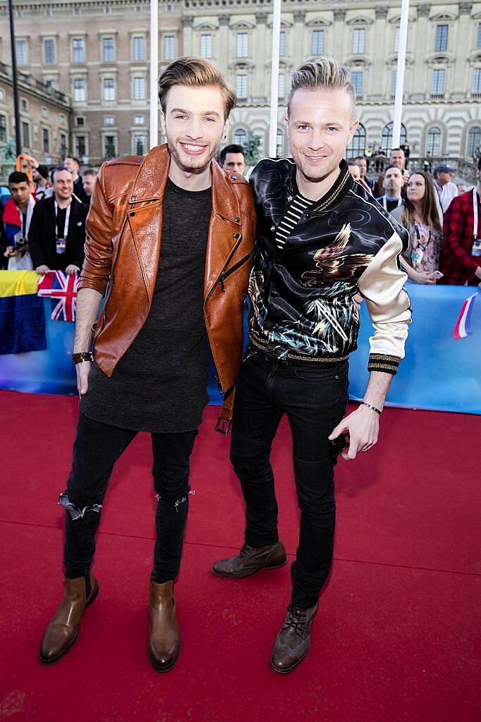 Latvian Eurovision entry Justs is pictured with Nicky Byrne on the red carpet at the opening ceramony for the Eurovision Song Contest in Stockholm Sweden 2016. Picture Andres Poveda