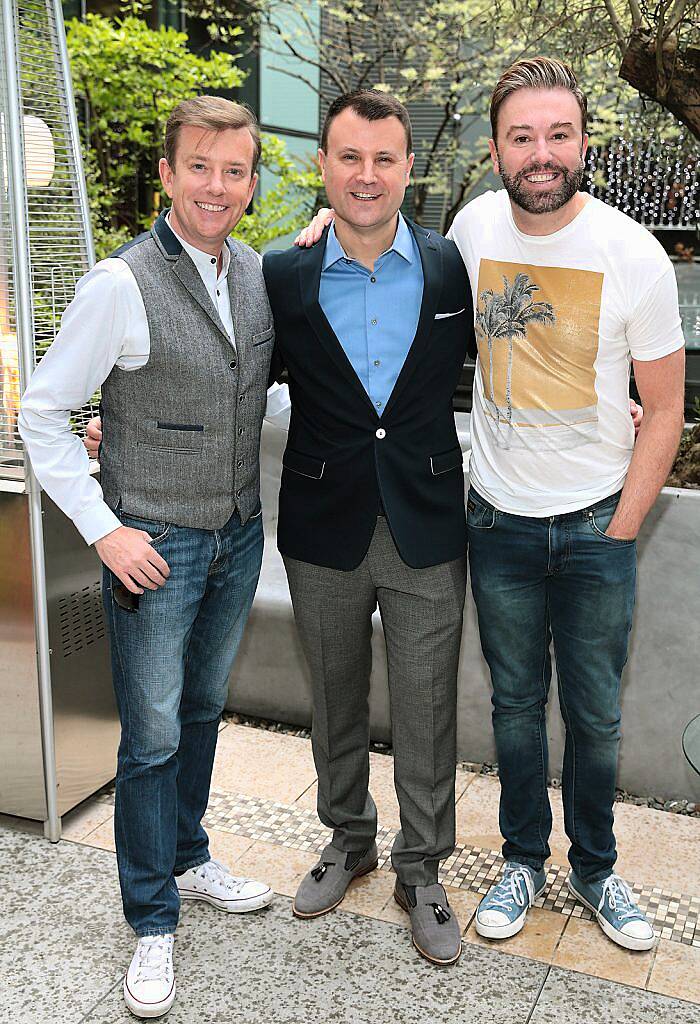 Alan Hughes ,Nicky Logue and Karl Broderick  at the annual Gibson Hotel Summer Barbecue at The Gibson Hotel,Point Village,Dublin.Pictures:Brian McEvoy.