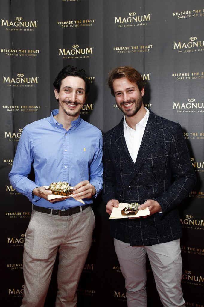 Magnum delivered a taste of decadence with the return of Magnum Dublin in the window of Arnotts. Exclusive to Arnotts Department Store and running for three months this summer, Magnum devotees can drop in-store and design their own delicious Magnum ice creams, complete with a number of delectable toppings at the decadent M ake My Magnum bar. Pictured at the delicious launch in Arnotts Department Store is Francisco Ranieri and Caio Thomaselli. Picture Conor McCabe Photography.