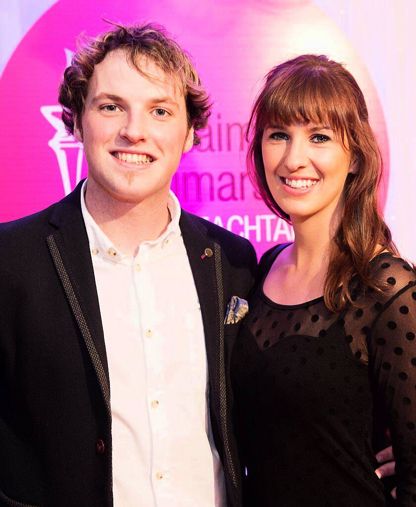 
Pictured at the Oireachtas Media Awards in the Salthill Hotel Galway was winner Stíofán Ó Fearail, from Gaeltacht band Seo Linn and  Lisa Ní Bhuachalla . These annual awards recognise the achievements and successes within the Irish language media sector.   Photo:Andrew Downes, xposure.   