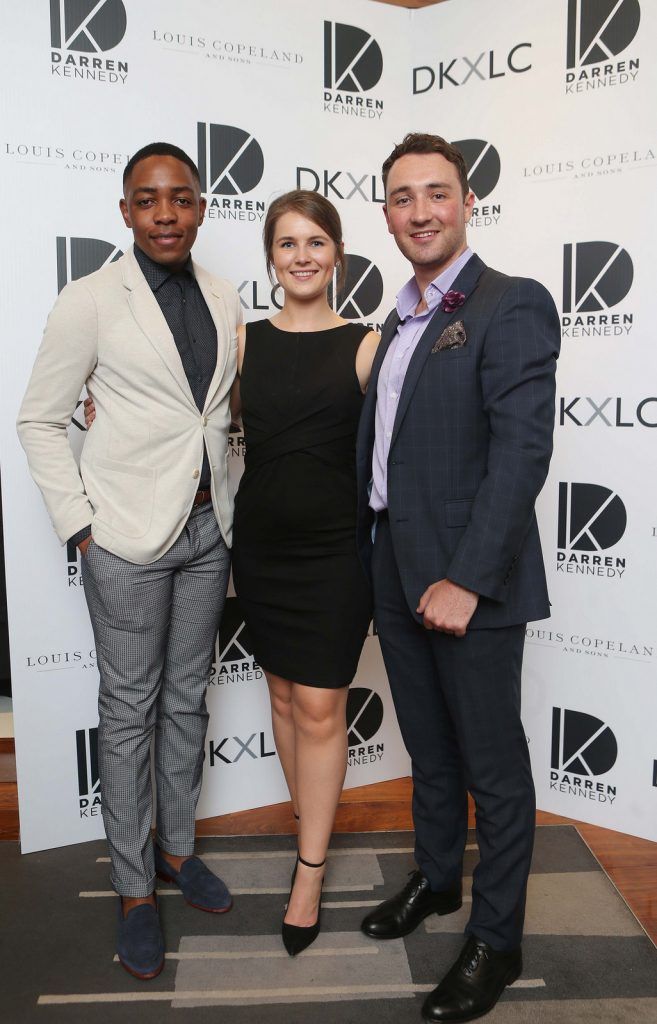 Lawson Mpame, Maeve Elliott and William Jenkins pictured at the launch of the Darren Kennedy collection for Louis Copeland at the Louis Copeland store on Wicklow Street.  Guests enjoyed signature World Class cocktails specifically crafted by Diageo Reserve. Photo: Leon Farrell/Photocall Ireland.