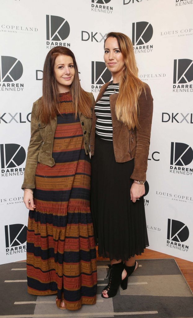 Gracie Cahill and Anna Earley pictured at the launch of the Darren Kennedy collection for Louis Copeland at the Louis Copeland store on Wicklow Street.  Guests enjoyed signature World Class cocktails specifically crafted by Diageo Reserve. Photo: Leon Farrell/Photocall Ireland.