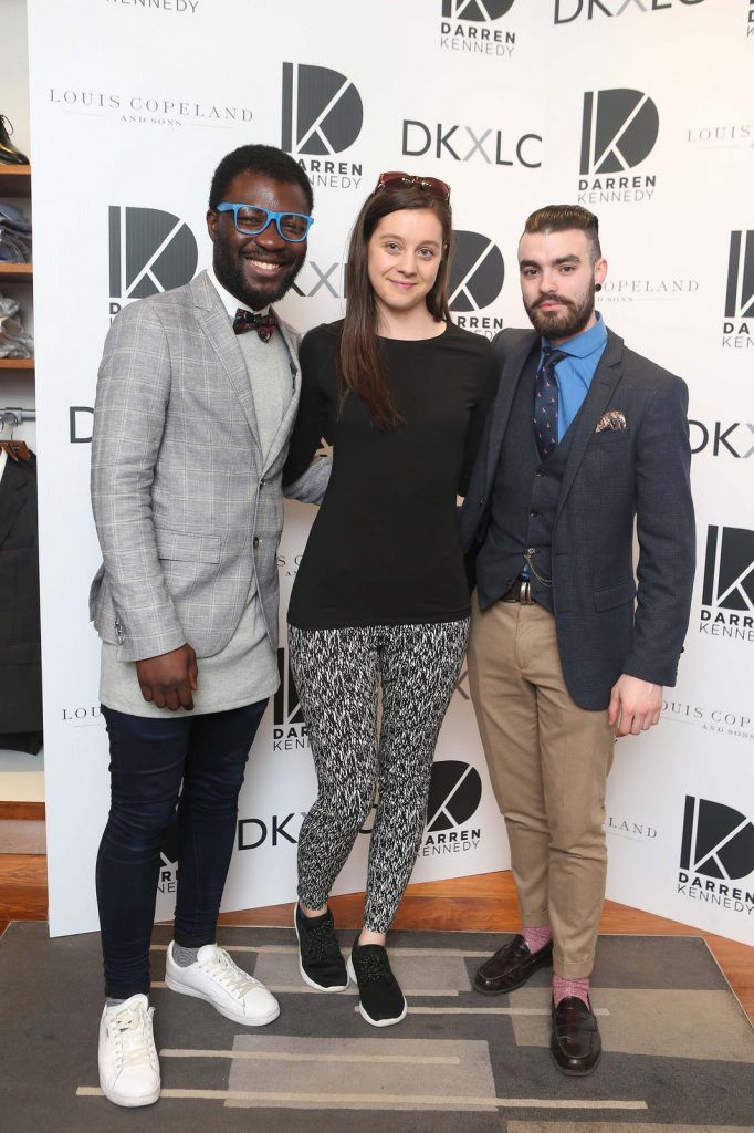 Timi Ogunyemi , Lauren O Hanlon and Jake McCabe  pictured at the launch of the Darren Kennedy collection for Louis Copeland at the Louis Copeland store on Wicklow Street.  Guests enjoyed signature World Class cocktails specifically crafted by Diageo Reserve. Photo: Leon Farrell/Photocall Ireland.