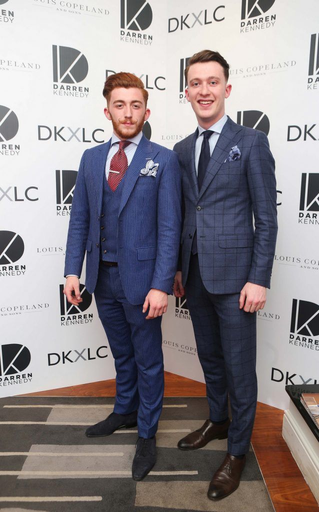 Shane O Farrell and Emmett Carroll pictured at the launch of the Darren Kennedy collection for Louis Copeland at the Louis Copeland store on Wicklow Street.  Guests enjoyed signature World Class cocktails specifically crafted by Diageo Reserve. Photo: Leon Farrell/Photocall Ireland.