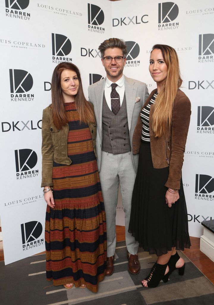 Darren Kennedy , Gracie Cahill and Anna Earley pictured at the launch of the Darren Kennedy collection for Louis Copeland at the Louis Copeland store on Wicklow Street.  Guests enjoyed signature World Class cocktails specifically crafted by Diageo Reserve. Photo: Leon Farrell/Photocall Ireland.