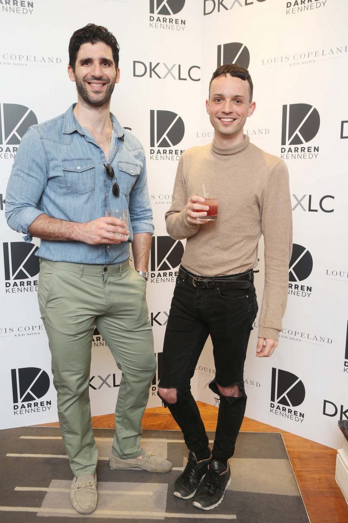 Antonios Gkogkakis and James Alan Kavanagh  pictured at the launch of the Darren Kennedy collection for Louis Copeland at the Louis Copeland store on Wicklow Street.  Guests enjoyed signature World Class cocktails specifically crafted by Diageo Reserve. Photo: Leon Farrell/Photocall Ireland.
