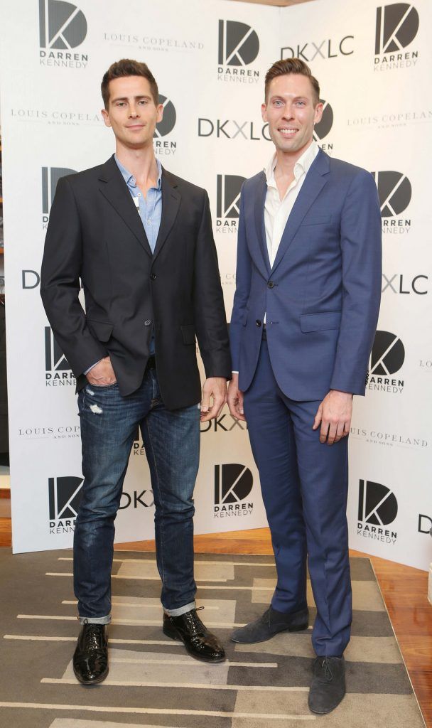 Justin O Shaughnessy and  Daniel Holfeld at the launch of the Darren Kennedy collection for Louis Copeland at the Louis Copeland store on Wicklow Street.  Guests enjoyed signature World Class cocktails specifically crafted by Diageo Reserve. Photo: Leon Farrell/Photocall Ireland.