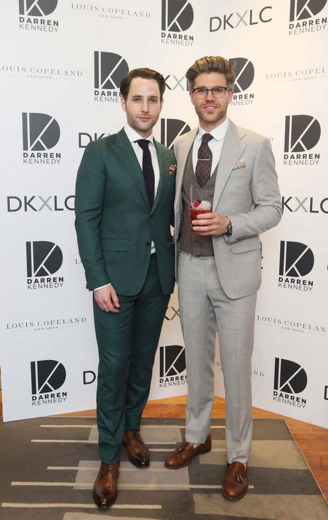 Sam Homan and Darren Kennedy  pictured at the launch of the Darren Kennedy collection for Louis Copeland at the Louis Copeland store on Wicklow Street.  Guests enjoyed signature World Class cocktails specifically crafted by Diageo Reserve. Photo: Leon Farrell/Photocall Ireland.