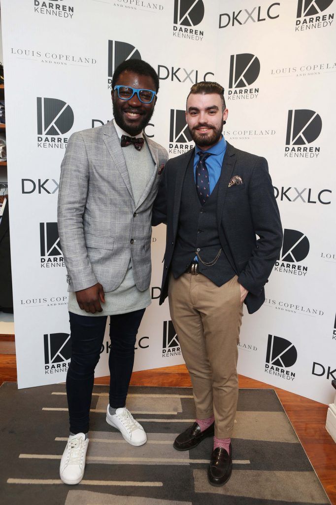 Timi Ogunyemi and Jake McCabe  pictured at the launch of the Darren Kennedy collection for Louis Copeland at the Louis Copeland store on Wicklow Street.  Guests enjoyed signature World Class cocktails specifically crafted by Diageo Reserve. Photo: Leon Farrell/Photocall Ireland.