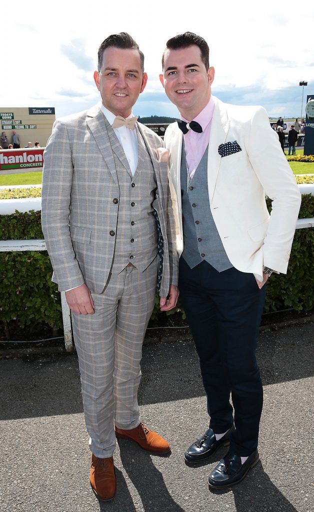 Paul carroll and Michael McCarthy at the Killashee Irish Tatler Style Icon competition at The 1000 Guineas at the Curragh Racecouse,Kildare.  Celebrity judge Yvonne Connolly joined Ciara McElligott of Killashee Hotel and publishing entrepreneur Norah Casey in the search for the ultimate iconic male and female looks from the race day punters. ..Picture Brian McEvoy.