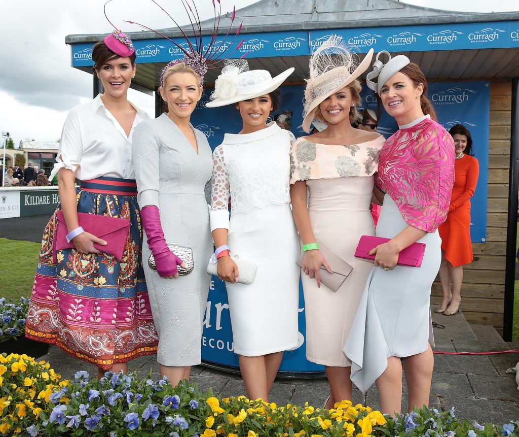 Finalists Helen Murphy, Elaine Kellegher,Kirsty Farrell,Emma Hanratty and Catherine Dillon,  at the Killashee Irish Tatler Style Icon competition at The 1000 Guineas at the Curragh Racecouse,Kildare.  Celebrity judge Yvonne Connolly joined Ciara McElligott of Killashee Hotel and publishing entrepreneur Norah Casey in the search for the ultimate iconic male and female looks from the race day punters. .Picture Brian McEvoy.