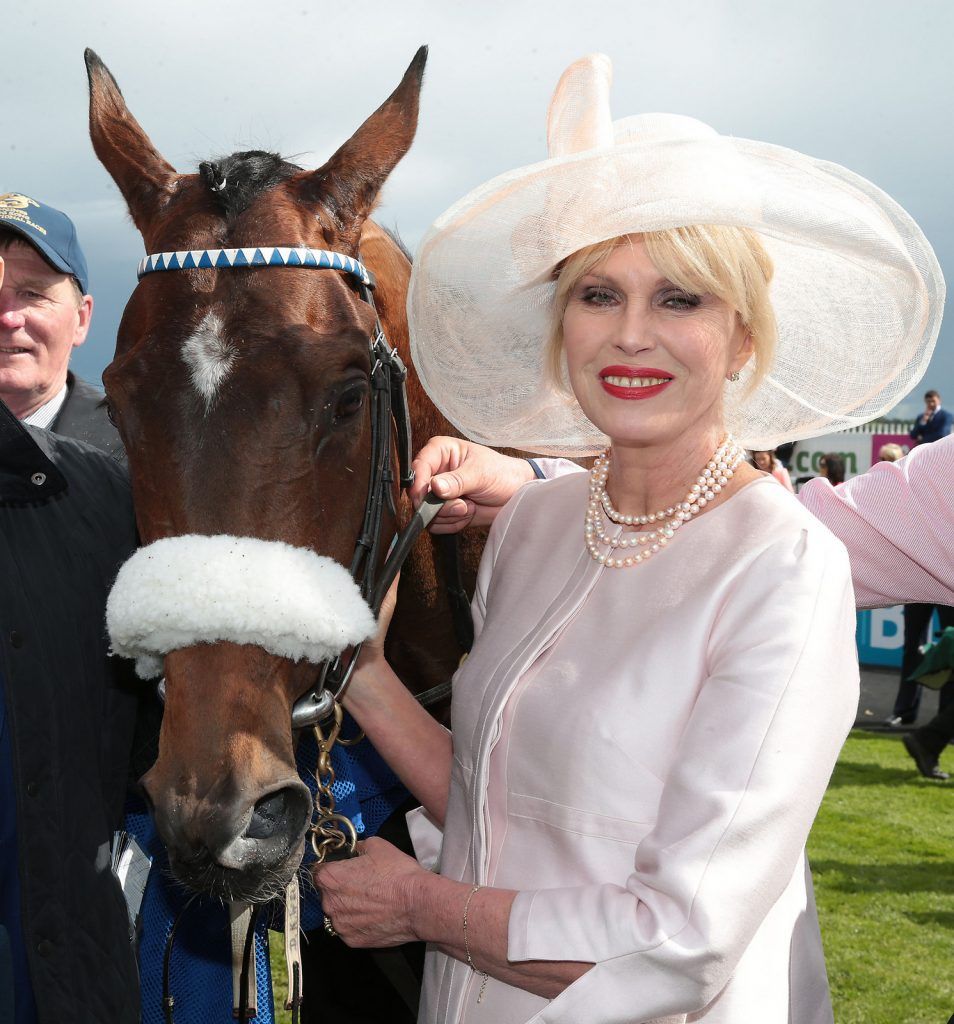 Joanna Lumley at the Killashee Irish Tatler Style Icon competition at The 1000 Guineas at the Curragh Racecouse,Kildare.  Celebrity judge Yvonne Connolly joined Ciara McElligott of Killashee Hotel and publishing entrepreneur Norah Casey in the search for the ultimate iconic male and female looks from the race day punters. .Picture Brian McEvoy.
