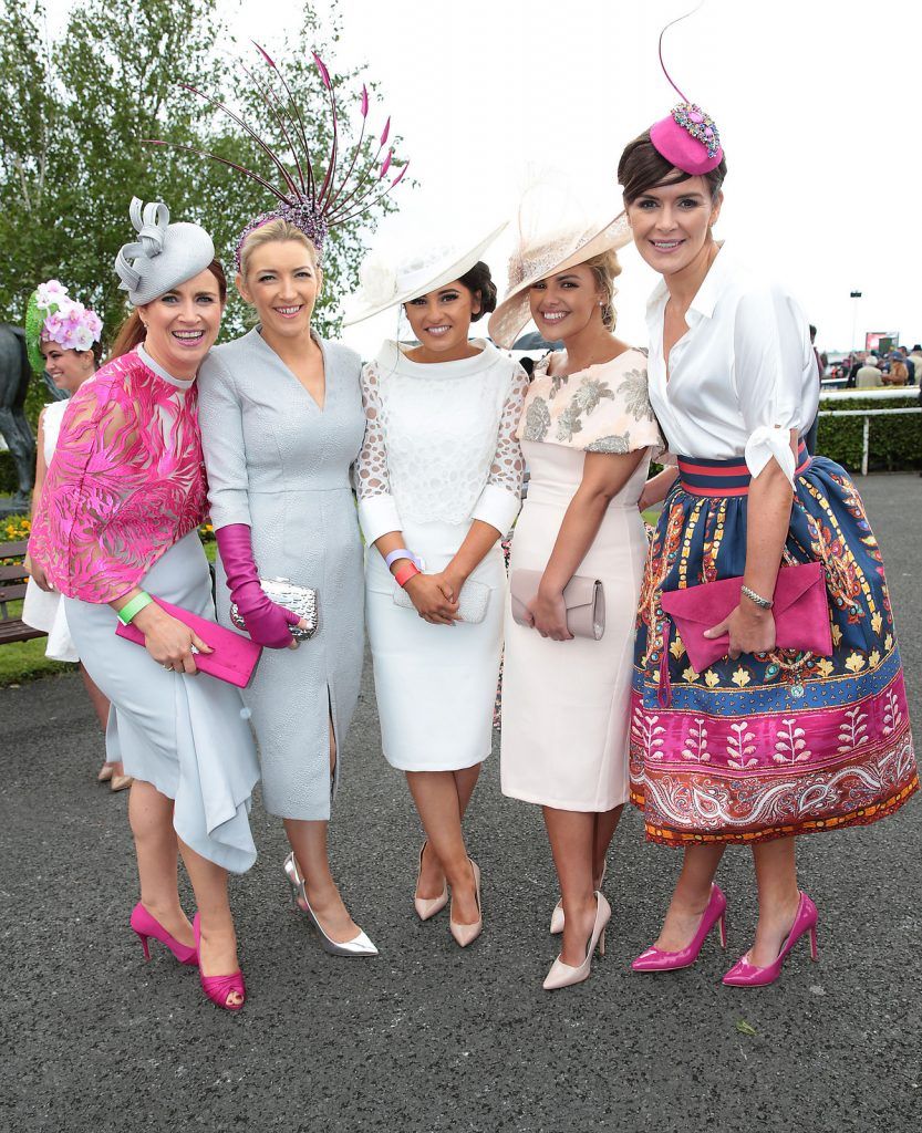 Finalists Catherine Dillon,Elaine Kellegher,Kirsty Farrell,Emma Hanratty and  Helen Murphy at the Killashee Irish Tatler Style Icon competition at The 1000 Guineas at the Curragh Racecouse,Kildare.  Celebrity judge Yvonne Connolly joined Ciara McElligott of Killashee Hotel and publishing entrepreneur Norah Casey in the search for the ultimate iconic male and female looks from the race day punters. .Picture Brian McEvoy.