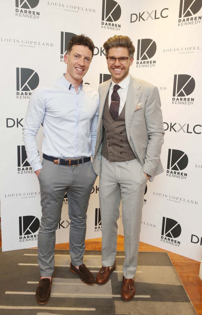 Darren Kennedy  with partner Aidan Harney  pictured at the launch of the Darren Kennedy collection for Louis Copeland at the Louis Copeland store on Wicklow Street.  Guests enjoyed signature World Class cocktails specifically crafted by Diageo Reserve. Photo: Leon Farrell/Photocall Ireland.