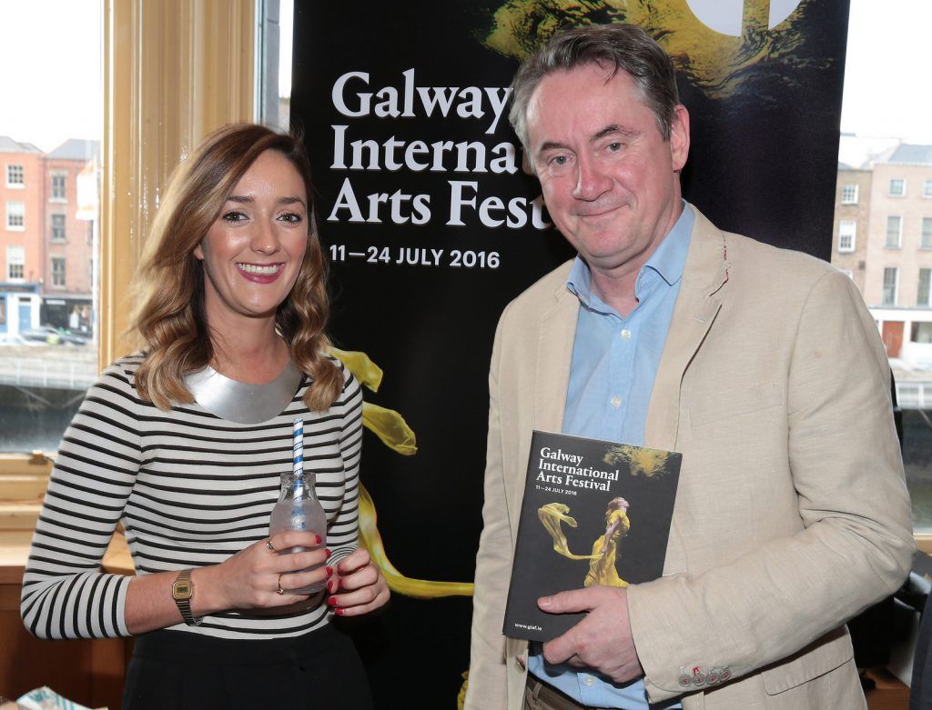 Aine Morris and John Grumlish at the Absolut reception for the Galway International Arts Festival programme launch at Cleaver East,Dublin.Picture:Brian McEvoy.