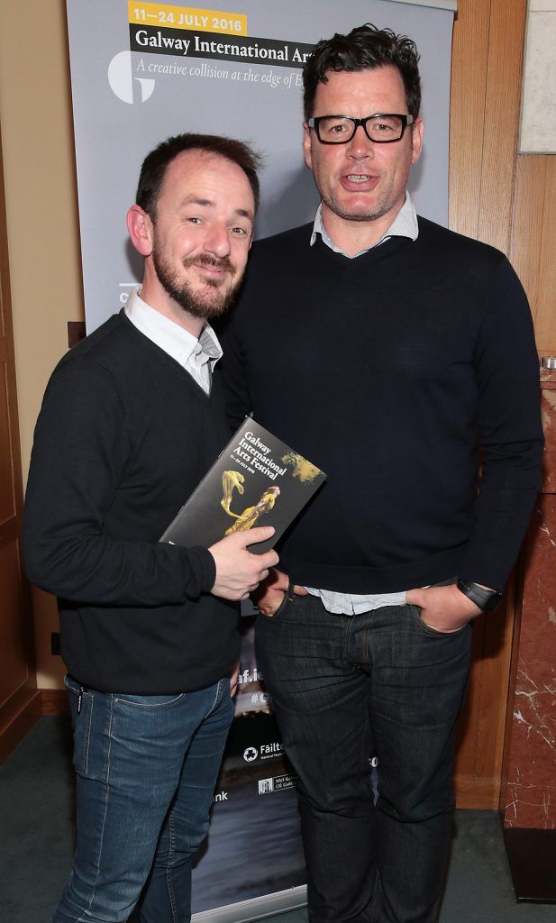 Darragh Doyle and Willie White at the Absolut reception for the Galway International Arts Festival programme launch at Cleaver East,Dublin.Picture:Brian McEvoy.