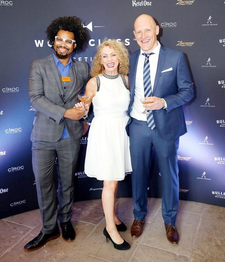 Pictured are Tiago Lopez, Deborah Maher and Justin Smith as Andrew Dickey representing The Merchant Hotel's Cocktail Bar in Belfast was crowned as the World Class Irish Bartender of the Year 2016 at the World Class Irish Final which took place in The Kings Inns.


Pic: Marc O'Sullivan