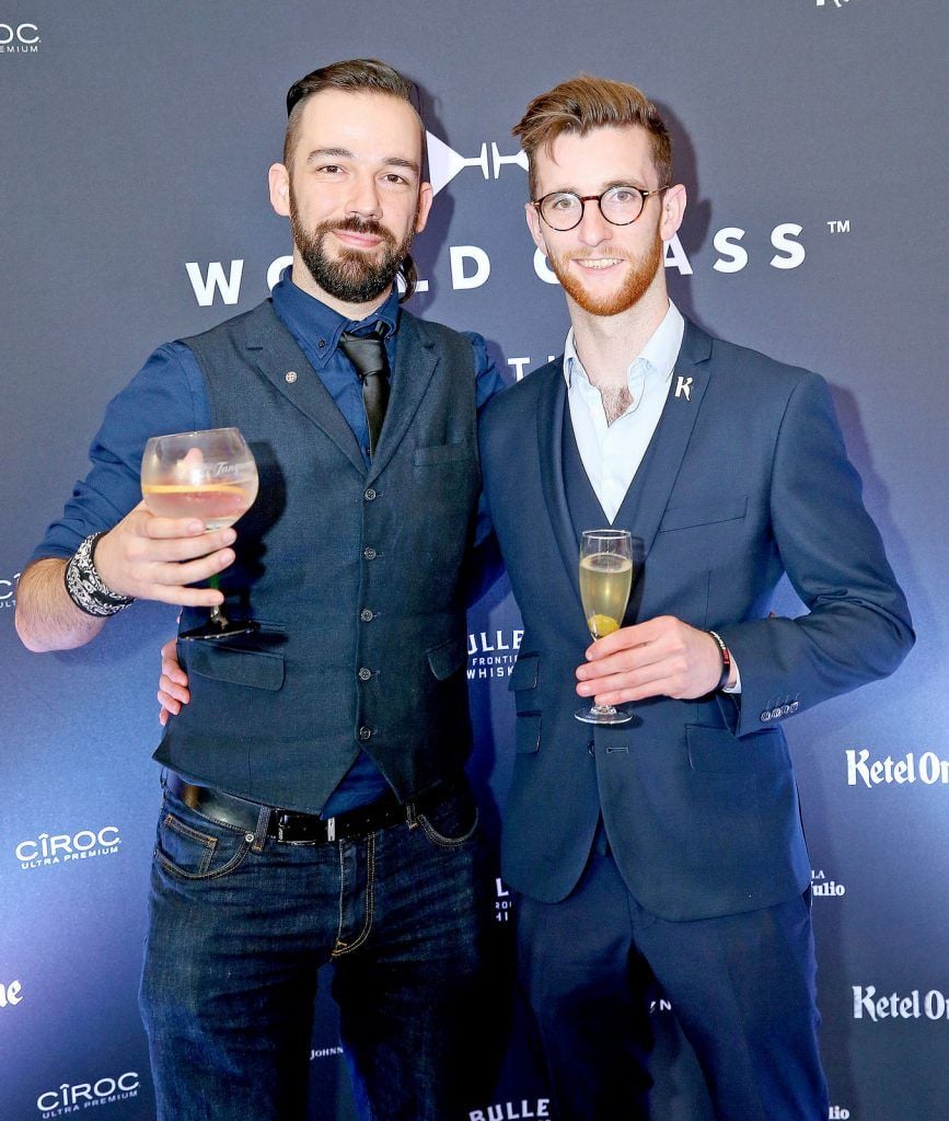 Pictured are David Guerrero and Oisin Conneely as Andrew Dickey representing The Merchant Hotel's Cocktail Bar in Belfast was crowned as the World Class Irish Bartender of the Year 2016 at the World Class Irish Final which took place in The Kings Inns. 

Pic: Marc O'Sullivan