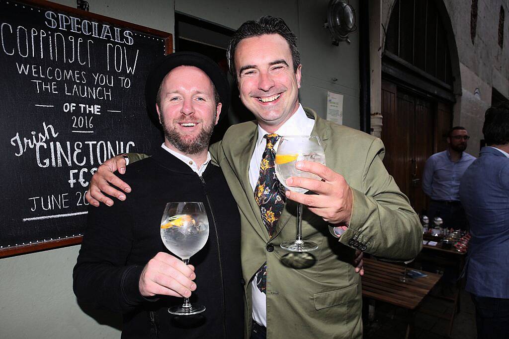 Ciaran McGonagle, Oisin Davis a the launch of the Irish Gin and Tonic Fest in Coppinger Row