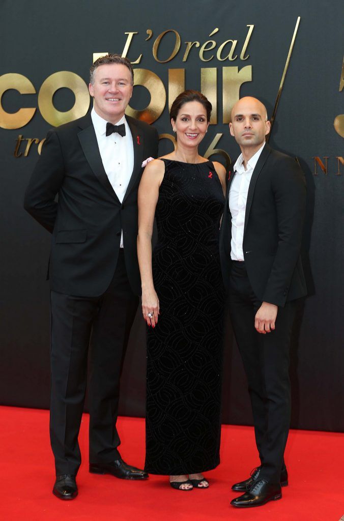 
Terry McGovern with Monica Theodoro and Omar Hajeri, pictured at the 50th anniversary L’Oreal Colour Trophy held in the Convention Centre, Dublin. Pic. Robbie Reynolds

