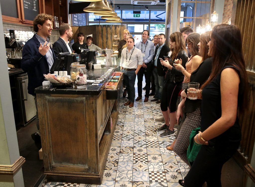  Master of Coffee at Caffè Nero, Giacomo Celi and Head of Coffee Development David Cormack talk to guests at launch of ‘71’ coffee at Caffè Nero on South King Street,Dublin.Picture:Brian McEvoy.