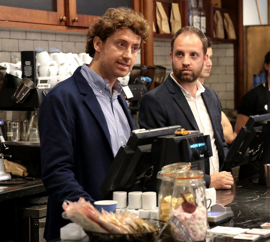  Master of Coffee at Caffè Nero, Giacomo Celi and Head of Coffee Development David Cormack talk to guests at launch of ‘71’ coffee at Caffè Nero on South King Street,Dublin.Picture:Brian McEvoy
