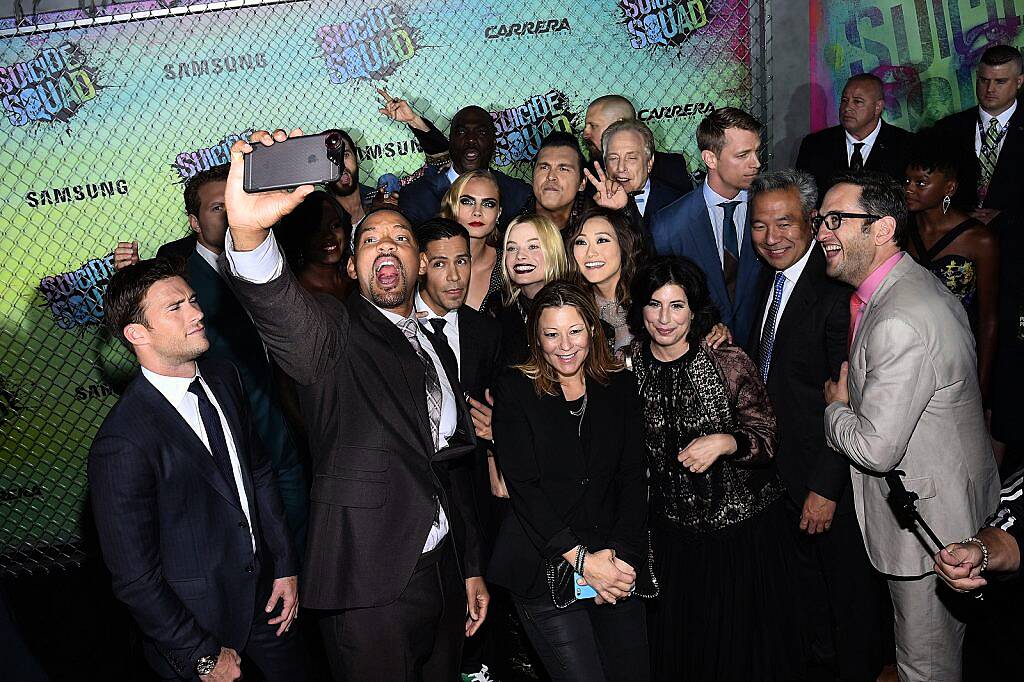 The cast and crew of Suicide Squade take a selfie during the Suicide Squad premiere sponsored by Carrera at Beacon Theatre on August 1, 2016 in New York City.  (Photo by Bryan Bedder/Getty Images for Carrera)