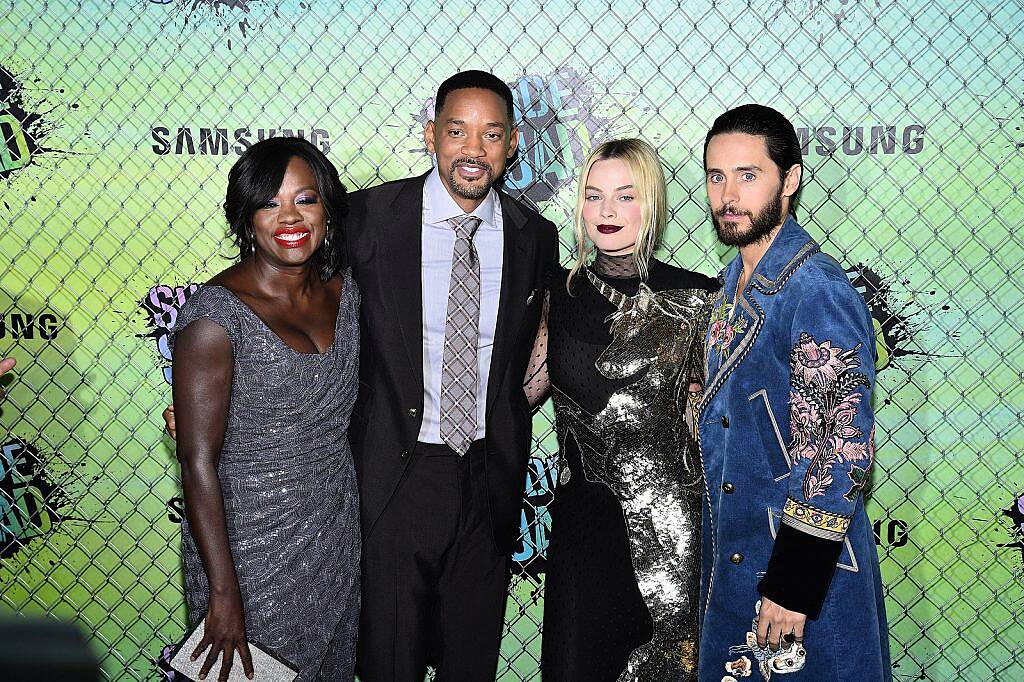 (L-R) Actors Viola Davis, Will Smith, Margot Robbie and Jared Leto attend the Suicide Squad premiere sponsored by Carrera at Beacon Theatre on August 1, 2016 in New York City.  (Photo by Bryan Bedder/Getty Images for Carrera)