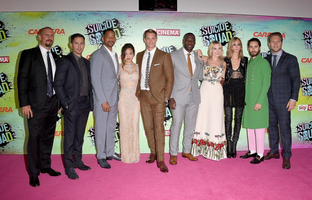 (L to R) David Ayer, Jay Hernandez, Will Smith, Karen Fukuhara, Joel Kinnaman, Adewale Akinnuoye-Agbaje, Margot Robbie, Cara Delevingne, Jared Leto and Jai Courtney attend the Suicide Squad European Premiere sponsored by Carrera on August 3, 2016 in London, England.  (Photo by Stuart C. Wilson/Getty Images for carrera)