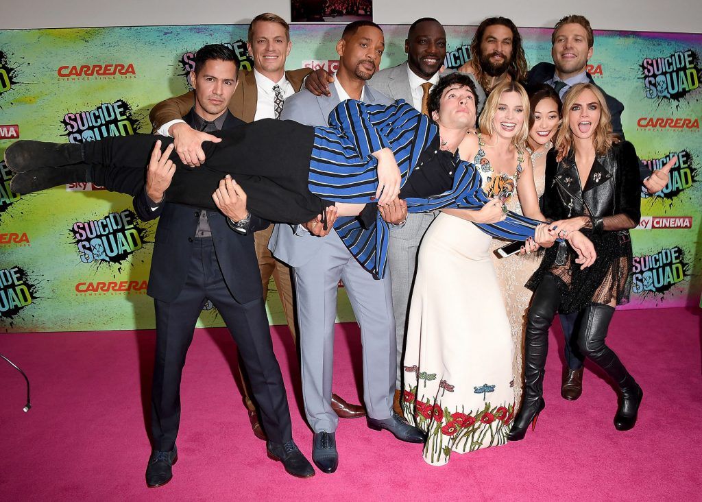 (L to R) Jay Hernandez, Joel Kinnaman, Will Smith, Adewale Akinnuoye-Agbaje, Ezra Miller, Jason Momoa, Margot Robbie, Karen Fukuhara, Cara Delevingne and Jai Courtney attend the Suicide Squad European Premiere sponsored by Carrera on August 3, 2016 in London, England.  (Photo by Stuart C. Wilson/Getty Images for carrera)