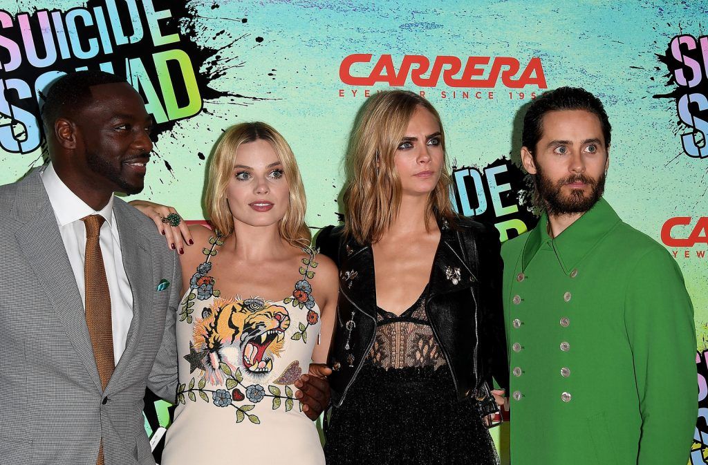 (L-R) Adewale Akinnuoye-Agbaje, Margot Robbie, Cara Delevingne and Jared Leto  attend the Suicide Squad European Premiere sponsored by Carrera on August 3, 2016 in London, England.  (Photo by Stuart C. Wilson/Getty Images for carrera)