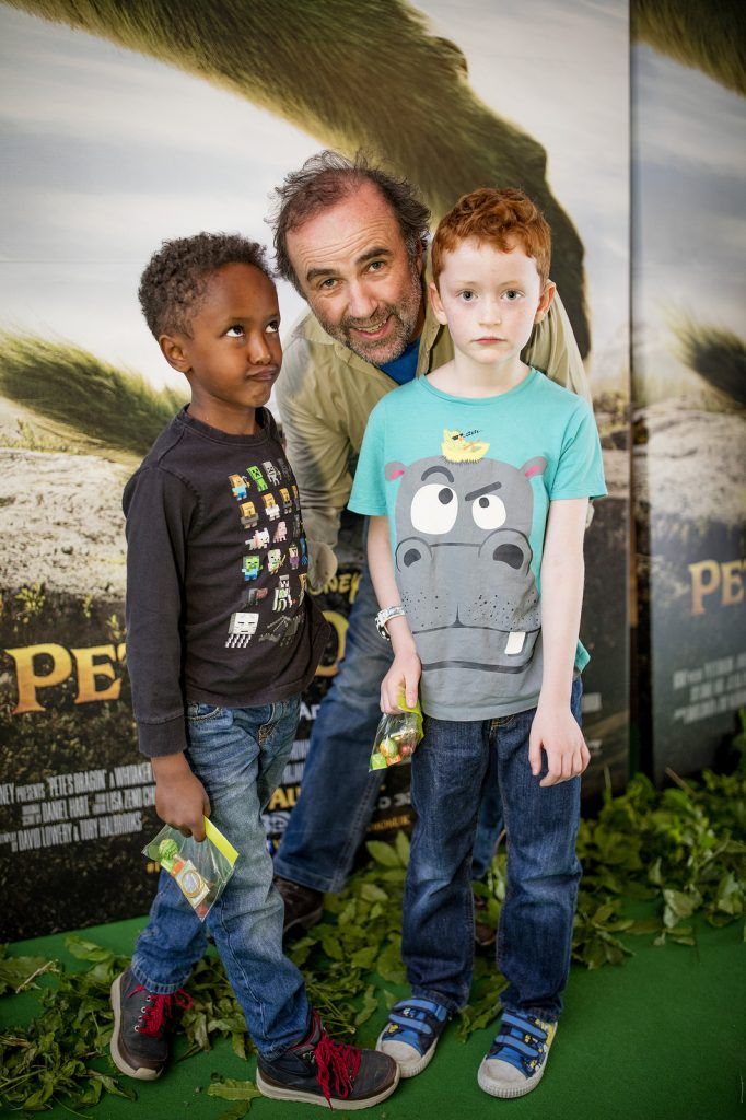 Lorcan Cranitch with son Robel, age 7 and Evan Savage, age 6, at the Irish Premiere of Disney's Petes Dragon in the Savoy Cinema, Dublin 07/08/16 (Photo by Arthur Carron)