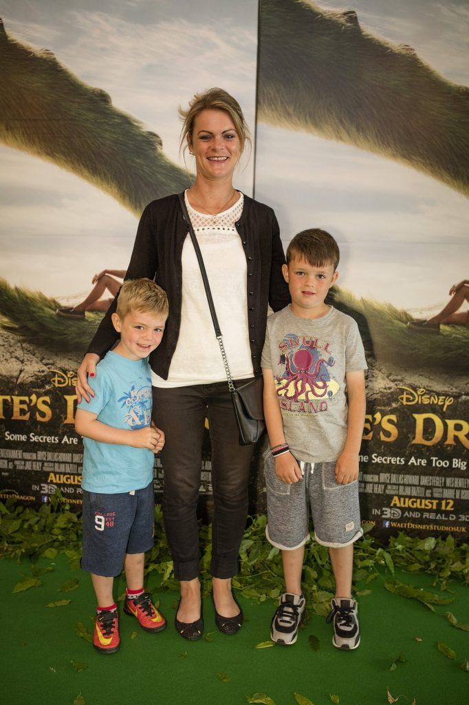 Joanna Carey, Lusk and sons Jayden, age 4 and Evan, 7, at the Irish Premiere of Disney's Pete's Dragon in the Savoy Cinema, Dublin, 07/08/16 (Photo by Arthur Carron)