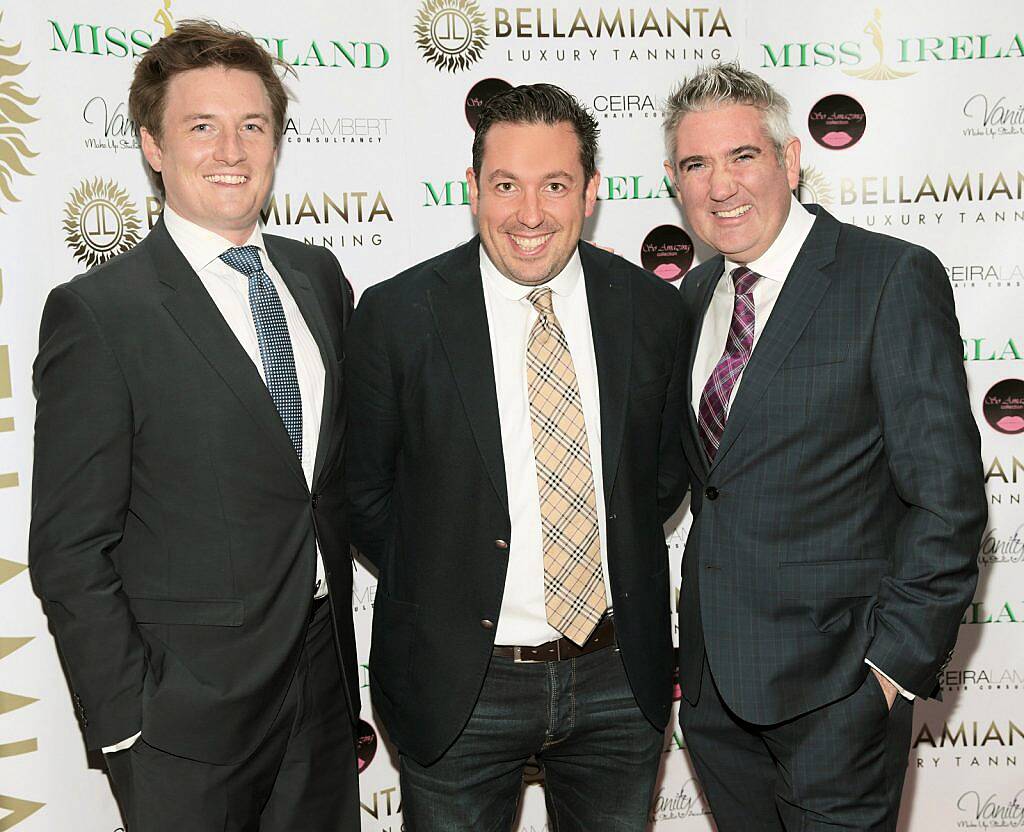 Robert Hoban,David Patton and Stephen Kelly at the launch of Miss Ireland 2016 in association with Bellamianta Tan at Lillies Bordello,Dublin.Pictures Brian McEvoy.